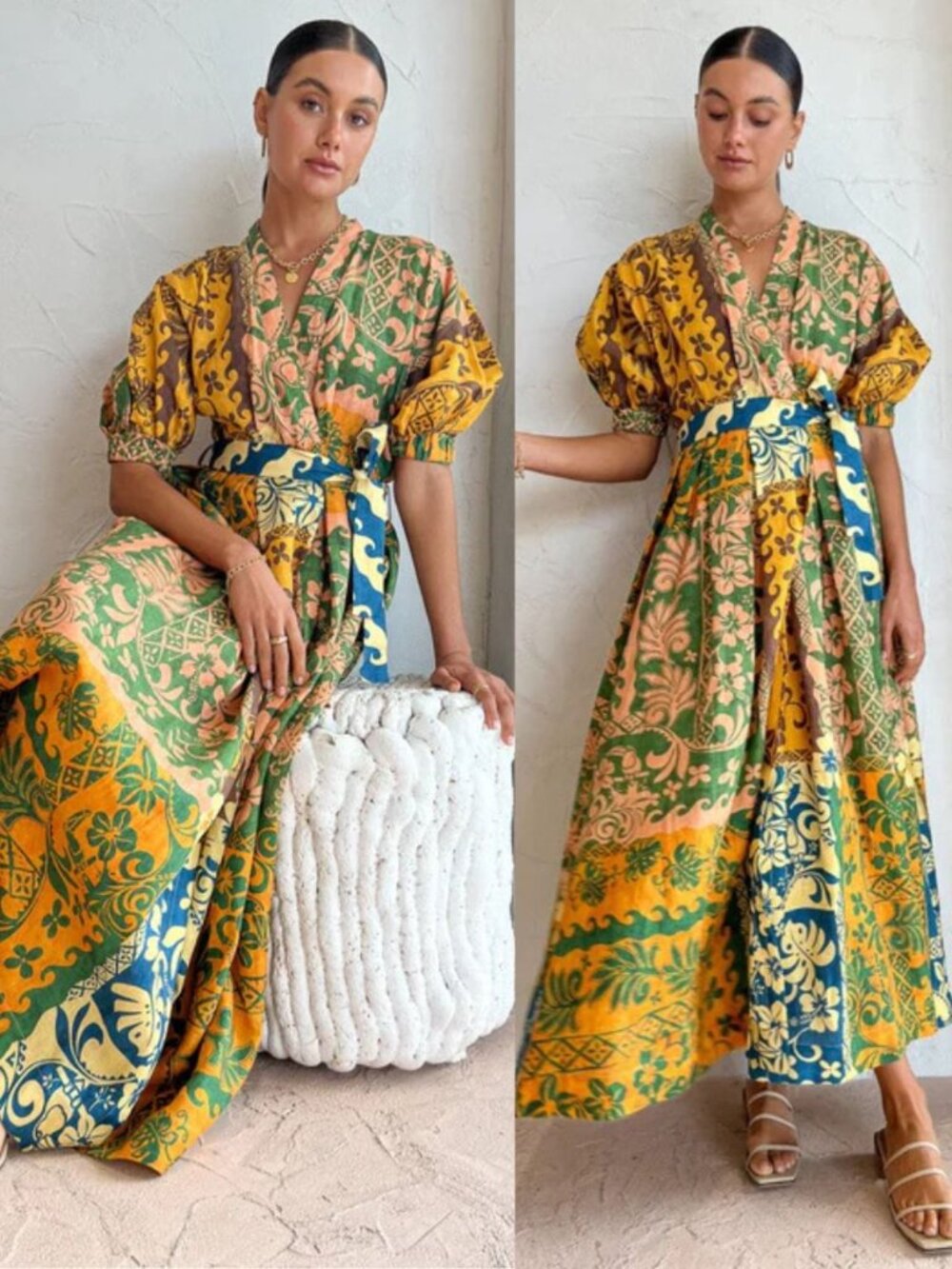 Alemais Archie Wrap Dress Mixed Media Patchwork Floral Linen Belted Maxi Size 4